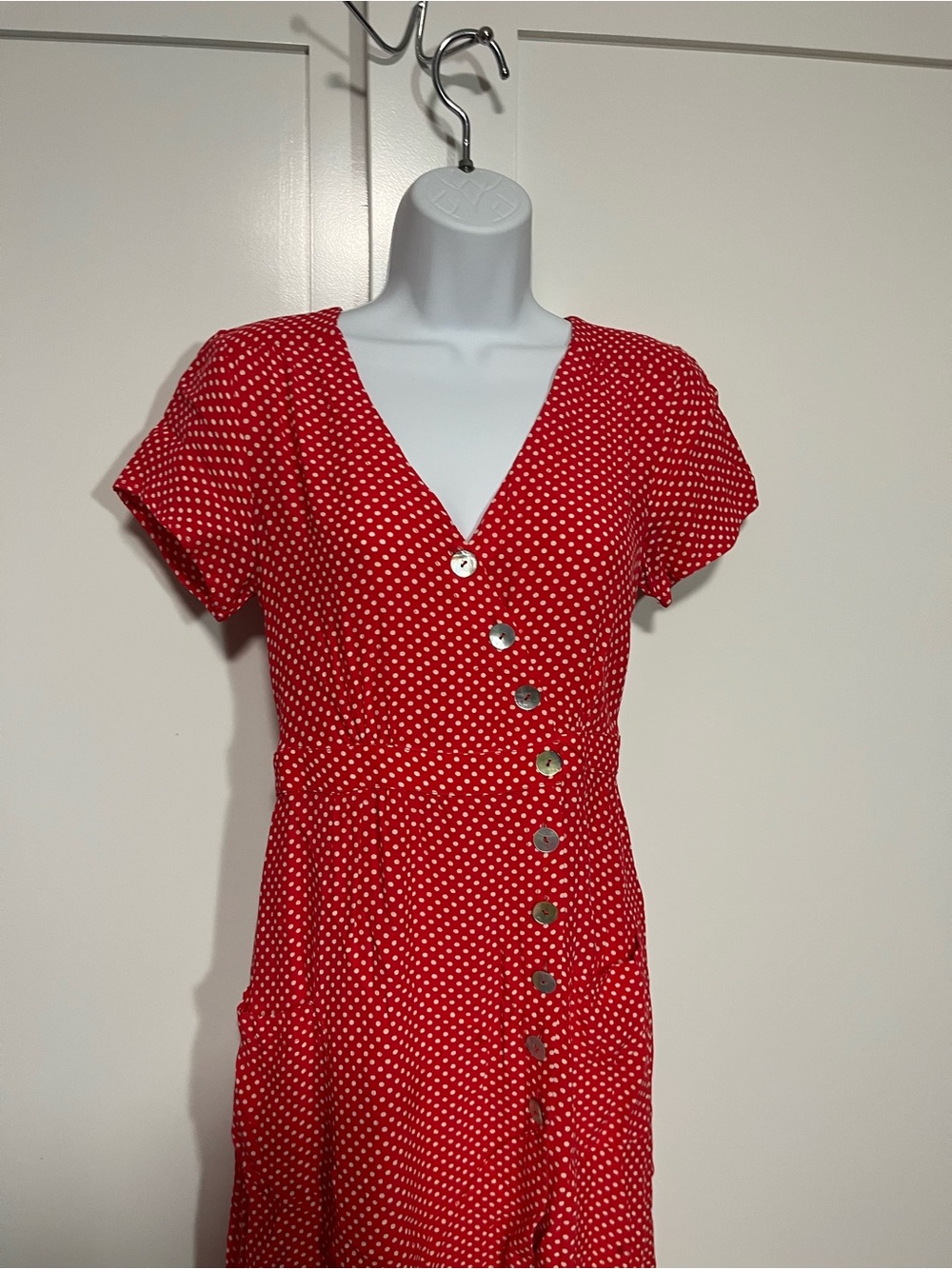 Maeve by Anthropologie Red Polka Dot Button Front Midi Dress Size 2 Ruffle Hem - Picture 7 of 10